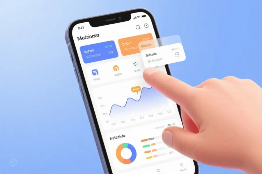 手机屏幕上显示多个数据分析模块和走势图，用户手指正在操作筛选功能，界面现代美观
